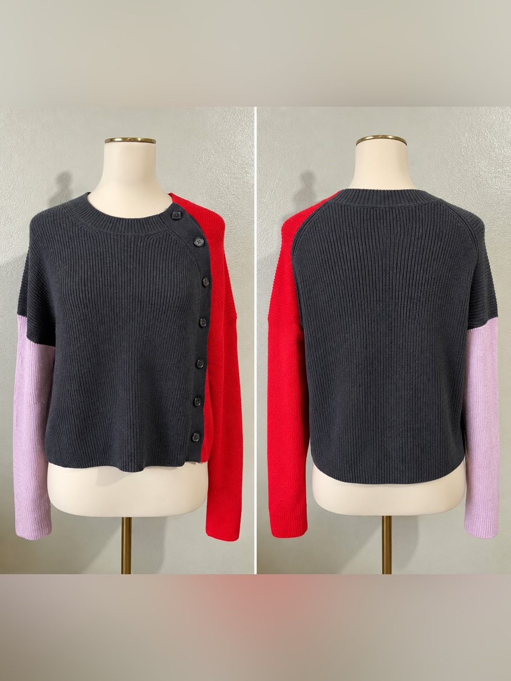 A.C.L. Cashmere Colorblock Cardigan Pink Red Black Knit XS Whimsy Patchwork